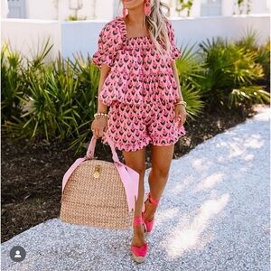 Pink block print shorts set